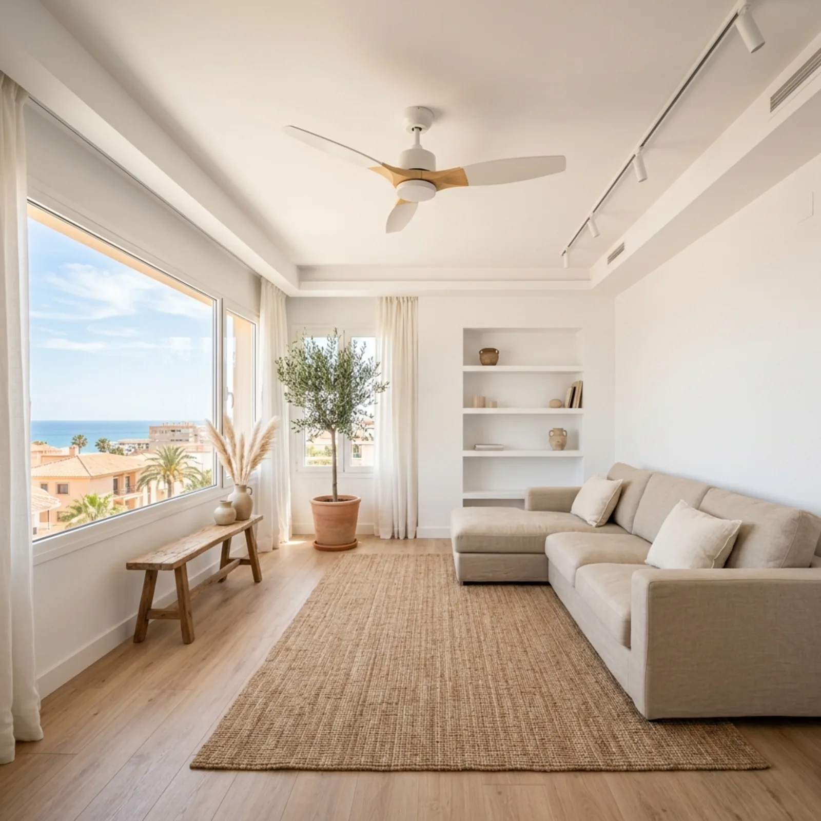 Salón luminoso con ventilador de techo instalado en Alicante